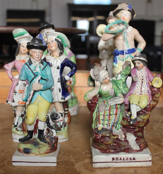 Staffordshire Highland couple small flatback & six other Staffordshire models (damage & repairs)